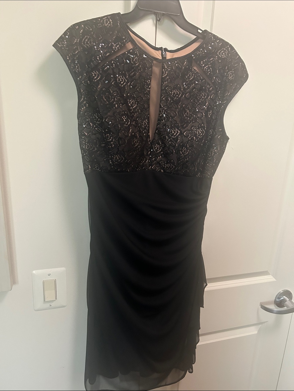 B&A by Betsy & Adam Elegant Black Cocktail Dress with Lace and Mesh Bodice 16